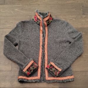 Free People Gray Jacket with Floral Trim